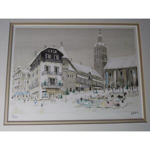Georges Damin Framed Numbered Lithograph Print 5/250 Snowy French Town